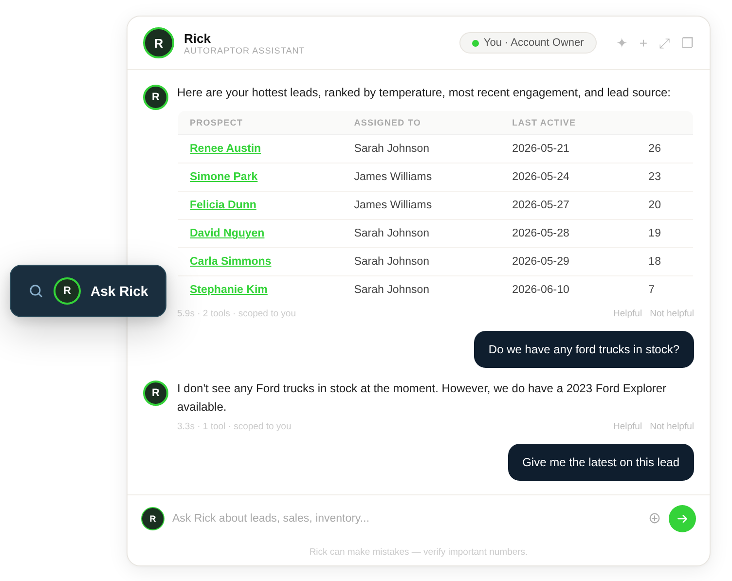 Rick AI assistant inside AutoRaptor