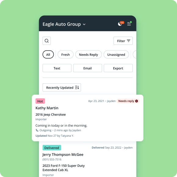 AutoRaptor mobile up sheet list for dealership CRM users