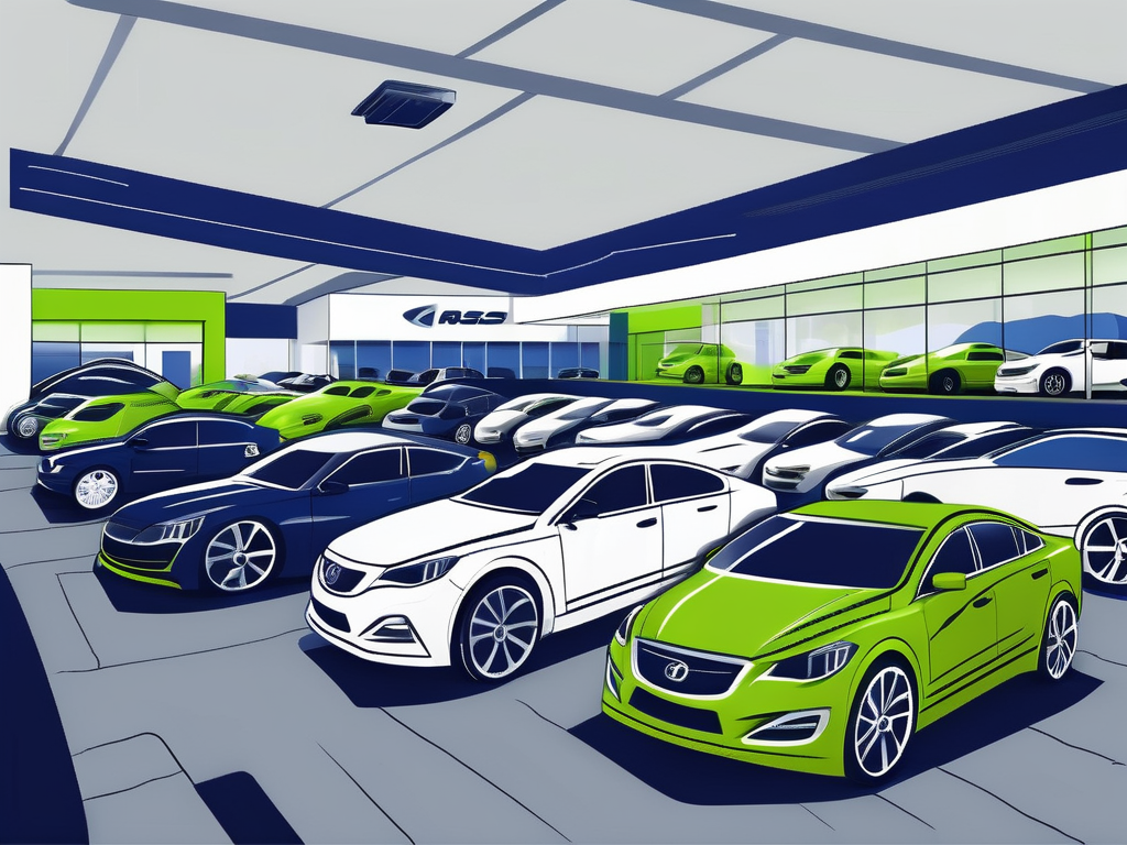 A vibrant car dealership lot with a variety of different car models