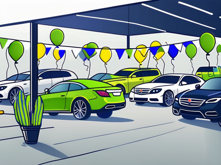 A car dealership with various colorful flags and balloons