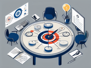 A conference table with different symbolic elements such as a bullseye target