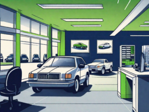 A bustling used car dealership
