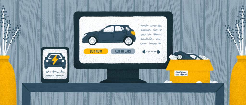 Automotive dealer manager reviewing sales data on tablet with dealership showroom in background