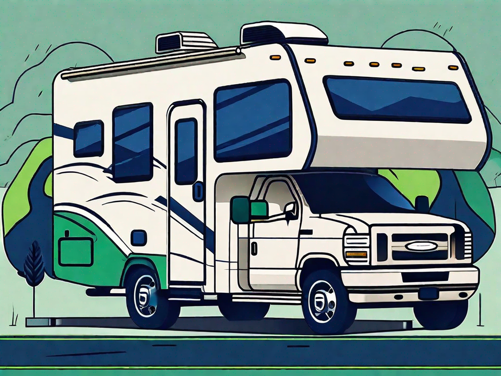 Foundations of Success: A Beginner's Guide to RV Dealership Management 1 A pristine rv parked in a dealership lot with a noticeable growth chart and management tools subtly incorporated into the background