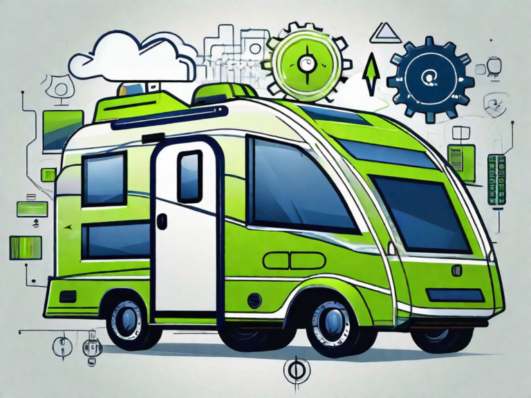 Tech Revolution: Maximizing Efficiency with Cutting-Edge RV Dealership Software 4 A modern rv (recreational vehicle) surrounded by digital icons symbolizing efficiency and cutting-edge technology
