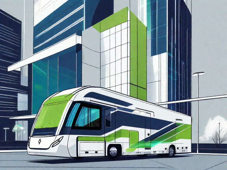 Tech Leadership: A Guide to Implementing RV Dealership Management Software 6 A sleek rv parked near a modern office building with digital interfaces and holographic screens floating around it