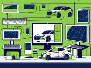 A car dealership with various digital devices like computers and tablets