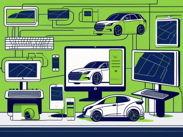 A car dealership with various digital devices like computers and tablets