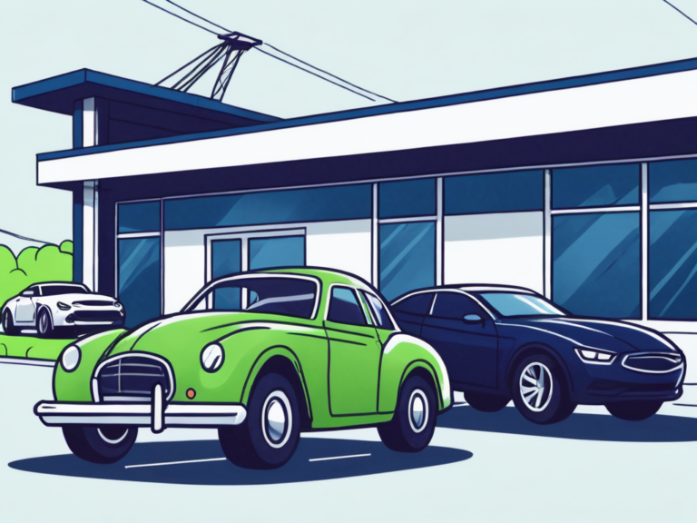 How to Stop Online Car Retailers From Putting Your Dealership Out of Business 9 A traditional car dealership building on one side and a digital tablet displaying a car on the other