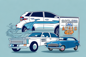 A car dealership with a sign showing increased sales