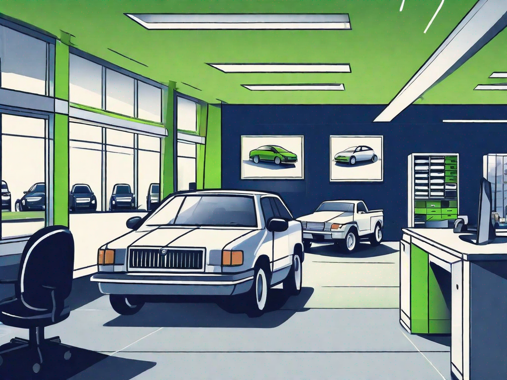 A bustling used car dealership