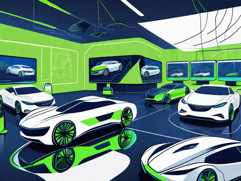 Innovative Marketing Strategies for Auto Dealerships: Staying Ahead in the Game 5 A futuristic car dealership with digital screens displaying various car models