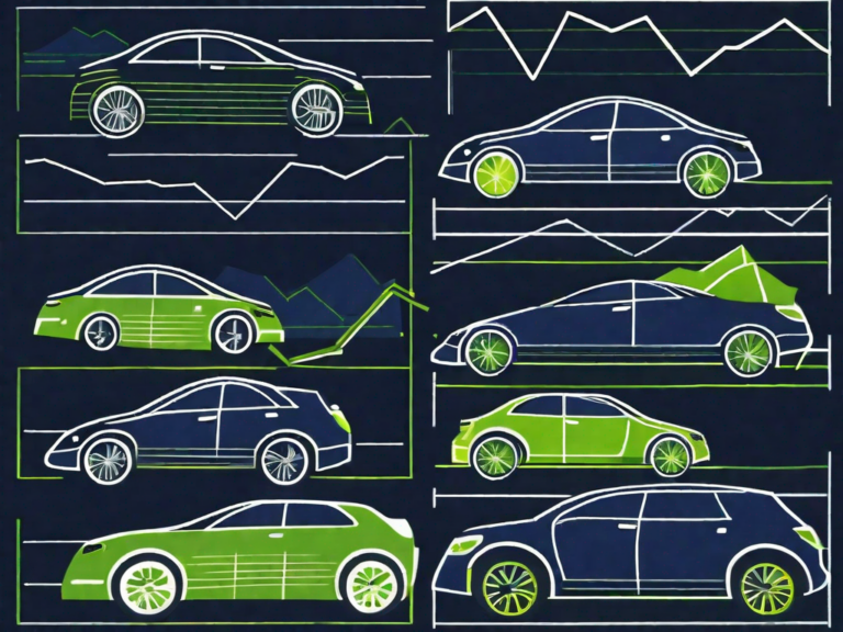 The Power of Data-Driven Decision Making in Car Sales Management 6 A car dealership lot with different types of cars and a large graph overlay indicating sales data